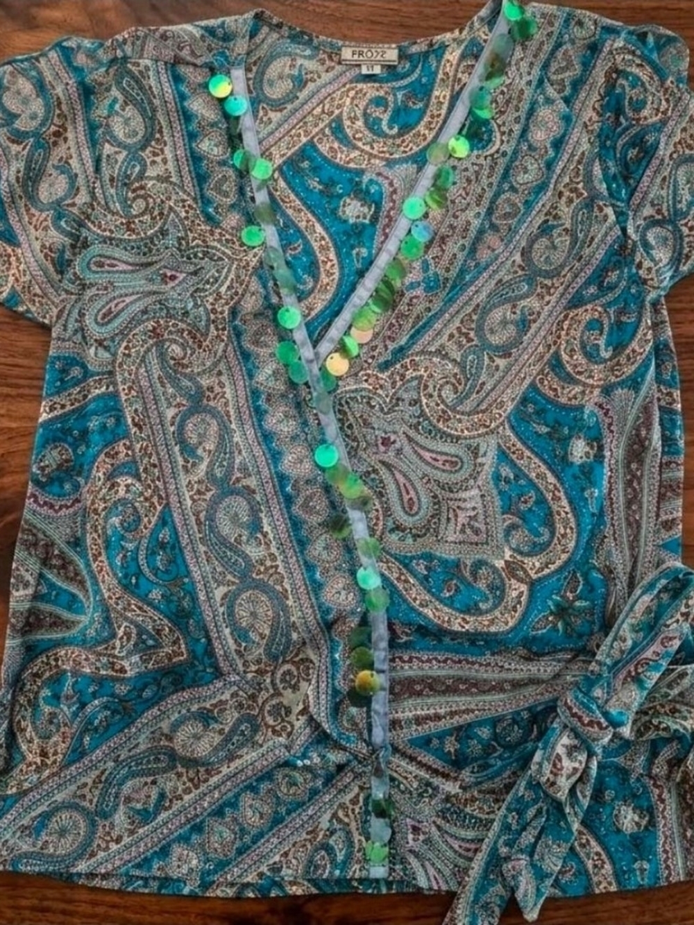 Teal Paisley Wrap Blouse with Side Tie